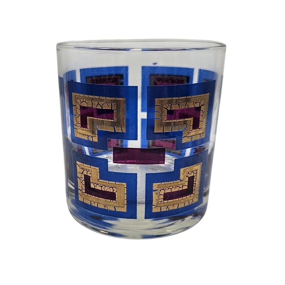 Vintage Berta MCM Rocks Glass Blue Purple Gold Greek Key‎ Geometric Barware